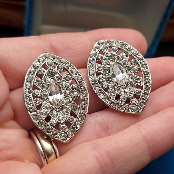 Kenneth Lane Clear Rhinestone Clip-On Earrings in Silver-Tone - Navette-Marquise - Picture 4 of 4